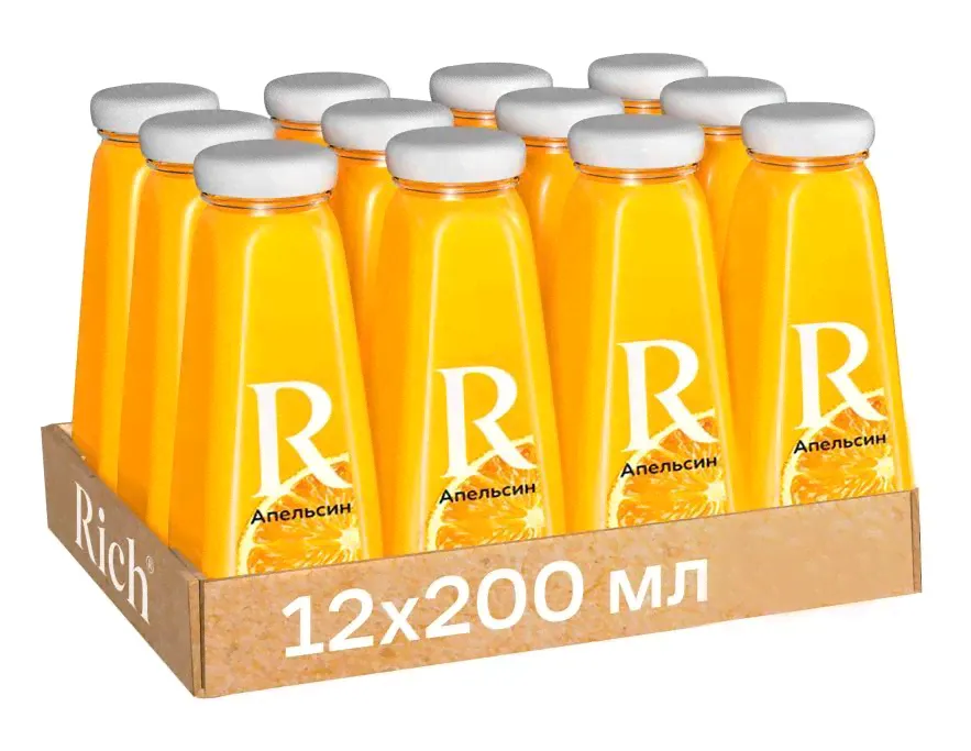 Сок Rich Апельсин, в стеклянной бутылке, Рич сок апельсиновый без сахара, 0.2 л, 12 шт.-0